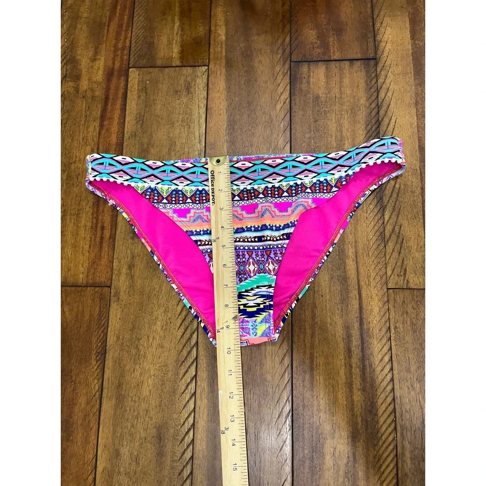 Hobie Bikini Bottom Women XL Multi Color New Tribal Print Pom Pom Trim‎ Swimwear